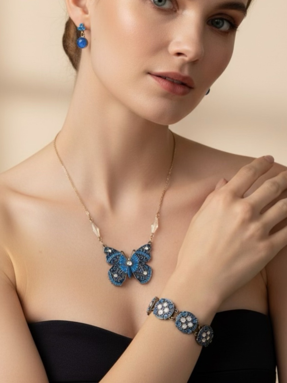 Anne Koplik Blue Butterfly Necklace, Crystal Earrings & Rhinestone Bracelet Set